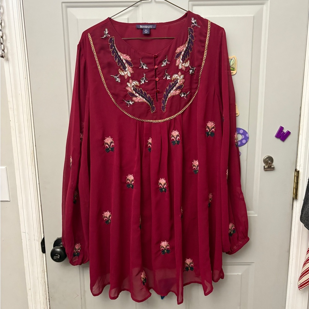 Roaman's Burgundy Embroidered Blouse
